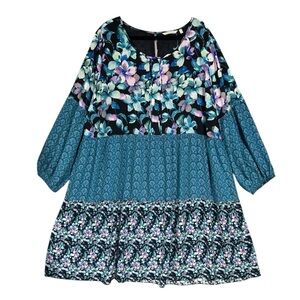 NWOT Soft Surroundings Night Bloom Floral Tiered Puff Sleeve Dress Sz 2X Blue